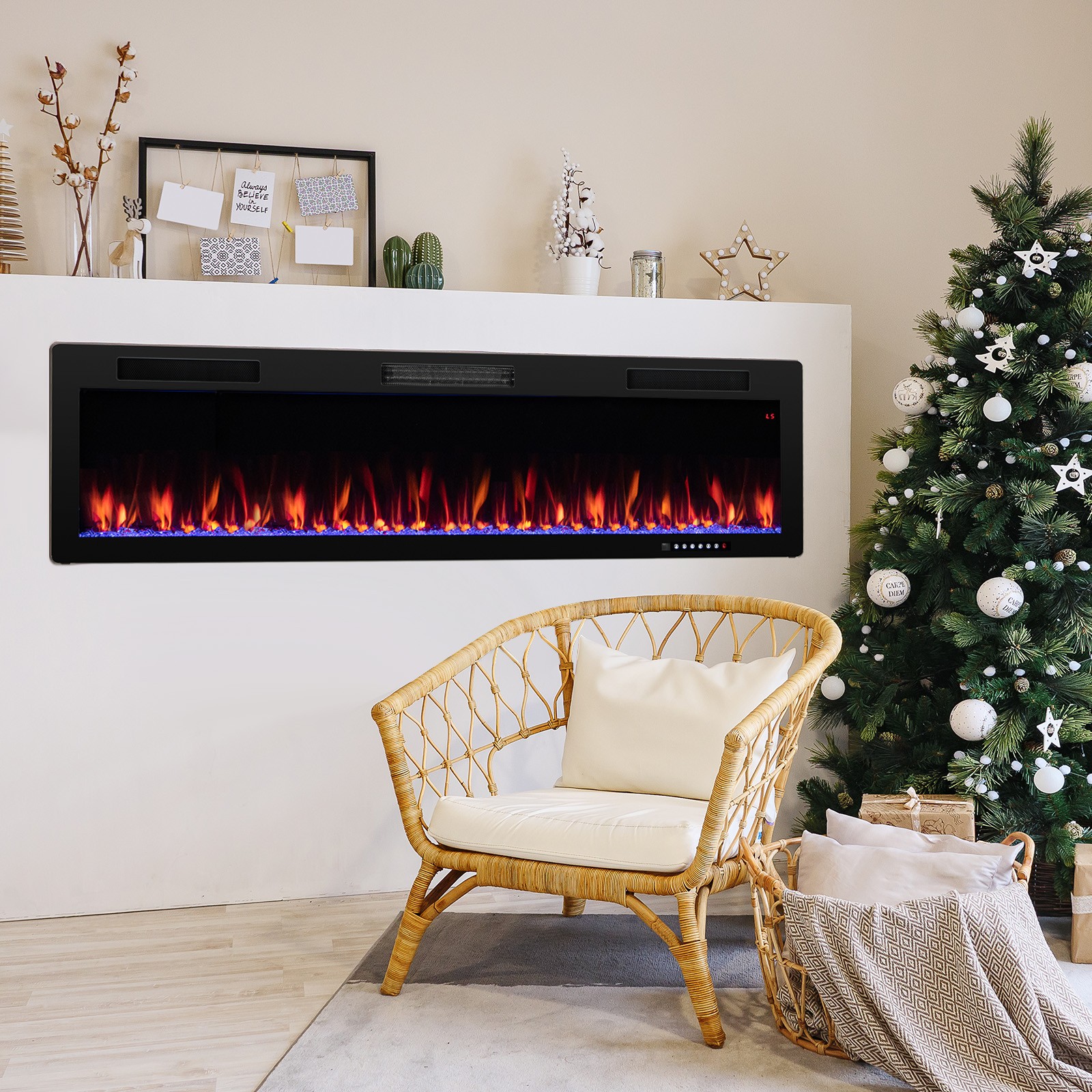 60" Linear Electric Fireplace 1500W Recessed Wall-Mounted w/ Multi-Color Flame