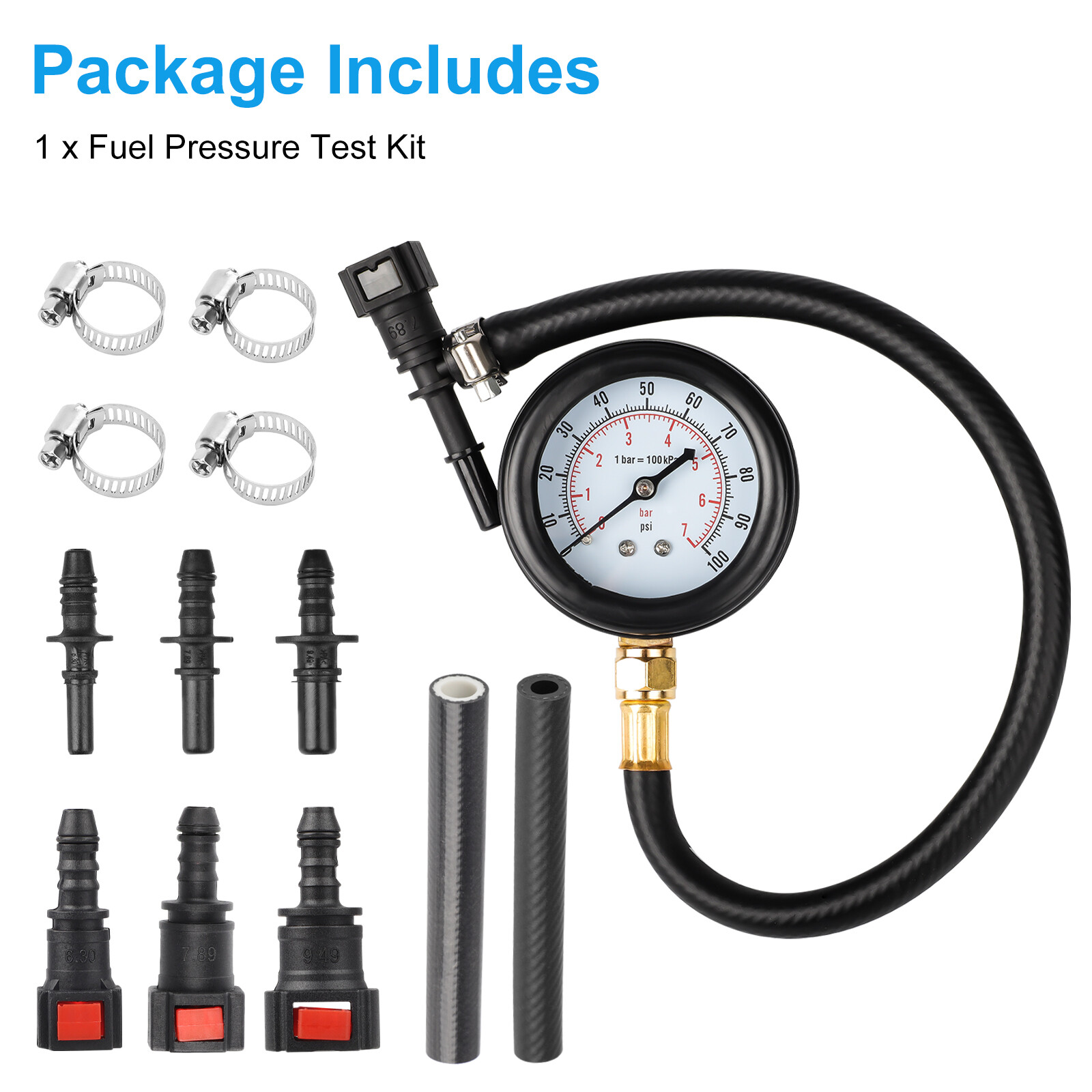 Fuel Injection Pressure Tester Injector Pump Gauge Kit with 3 Connectors 100 PSI