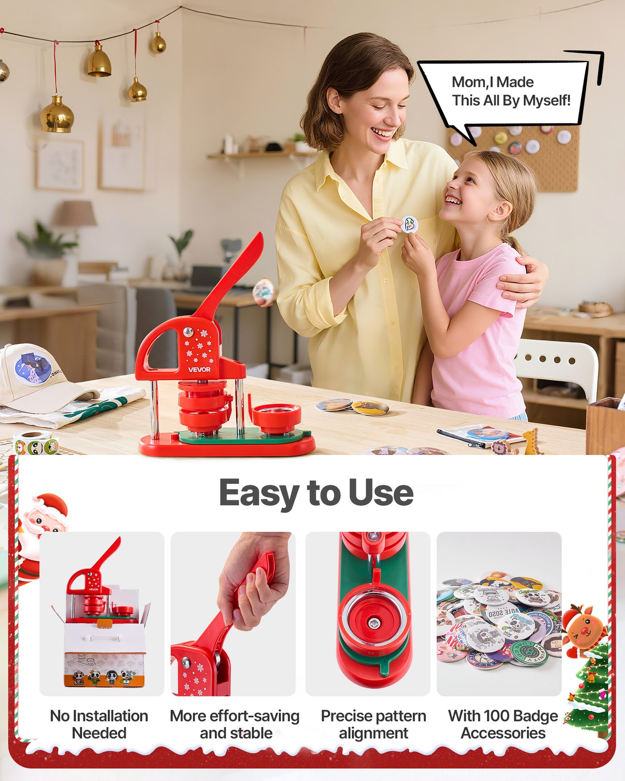 VEVOR Button Maker Machine Plastic Pin Maker 2.28 in 100pcs Button Parts Red