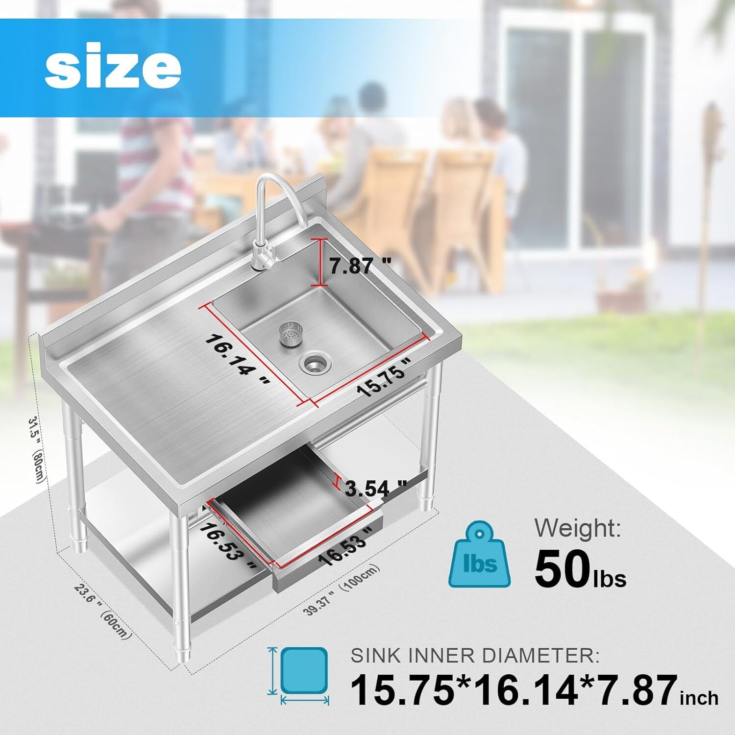 Stainless Steel Freestanding Single Bowl Laundry Sink with Workbench Drawers