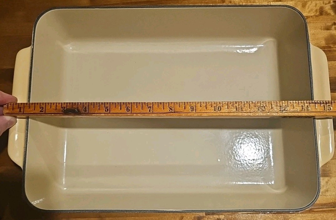 Vintage Cousances France Beige Enameled Cast Iron Roasting Pan 14" x 10"