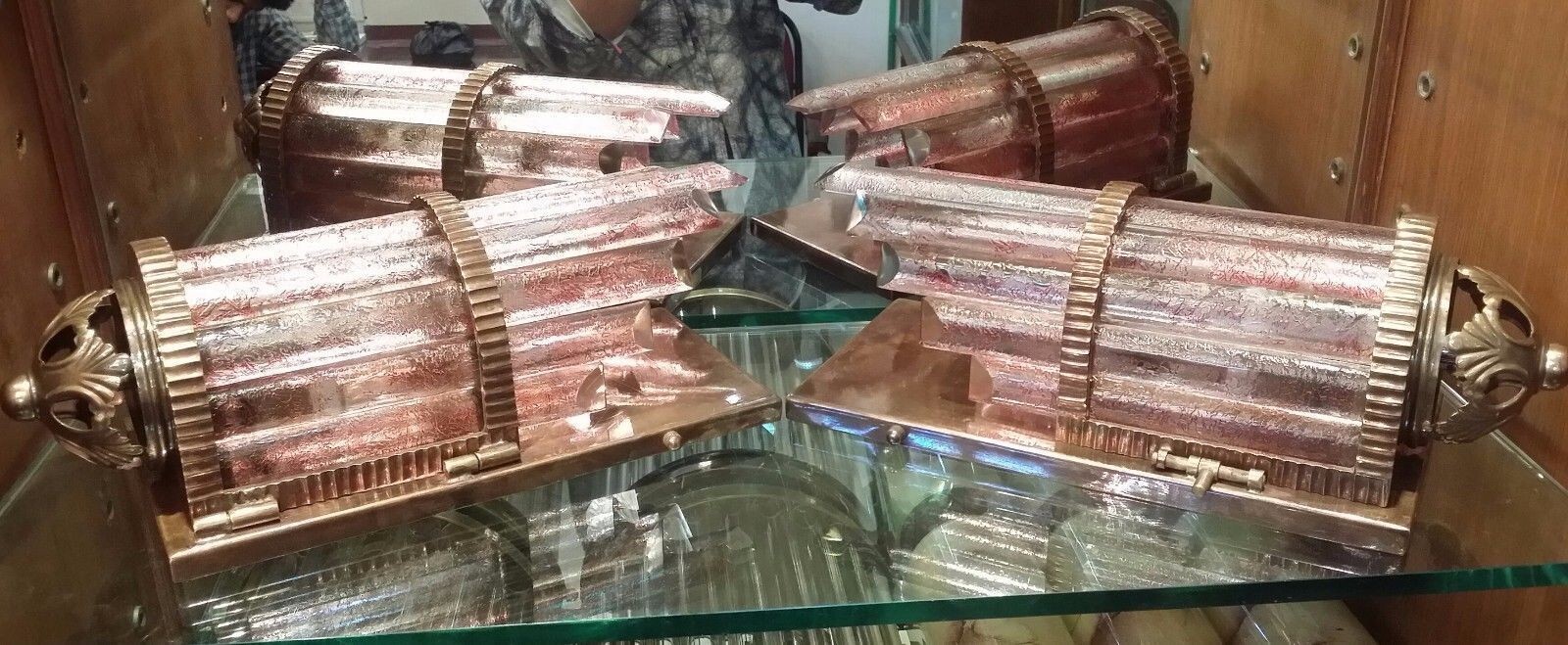 PAIR SKYSCRAPER ART DECO METRO LIGHT WALL SCONCES COPPER CAMEO GLASS SHIP LAMP