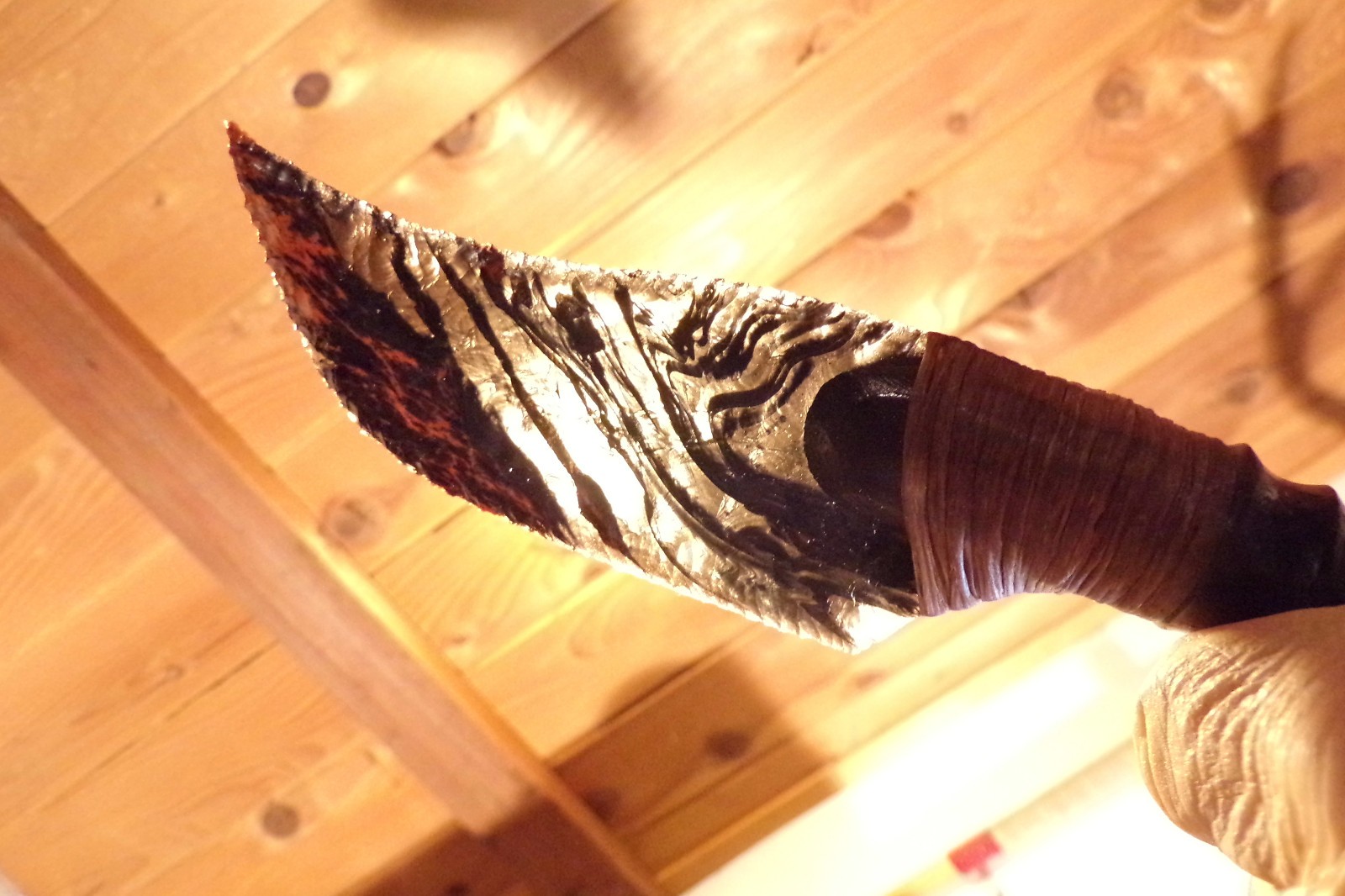 Triple Flow Obsidian Skinning Knife Carved African Antler Handle Flint Knapping