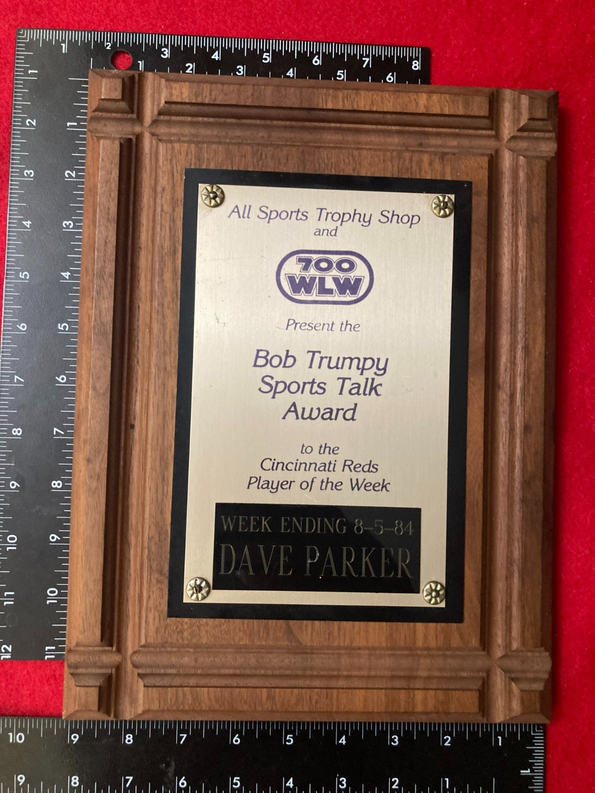 DAVE PARKER 700 WLW Bob Trumpy Player of the Week 1984 Personal Award Plaque HOF