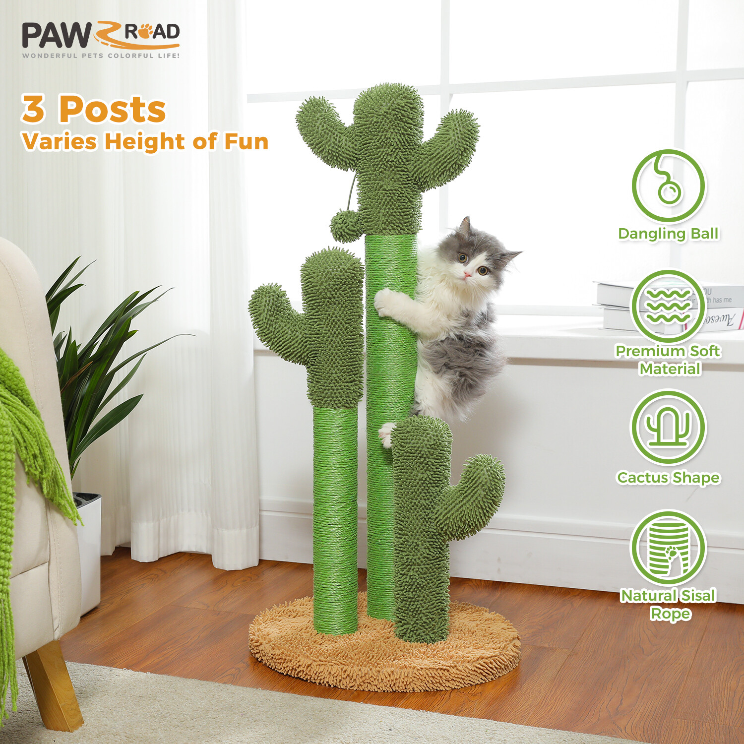 PAWZ Road Cactus Cat Scratching Post Sisal Scratcher with 3 Scratching Poles 35"