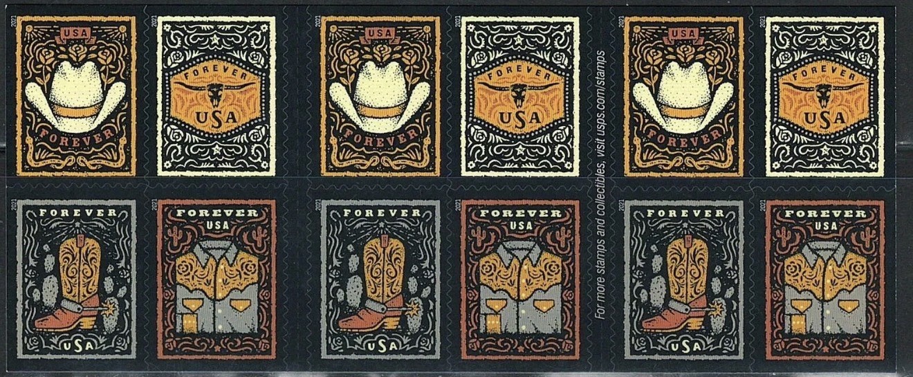 2021 USPS SHEET OF 20 FIRST CLASS LETTER STAMPS WESTERN WEAR 78¢