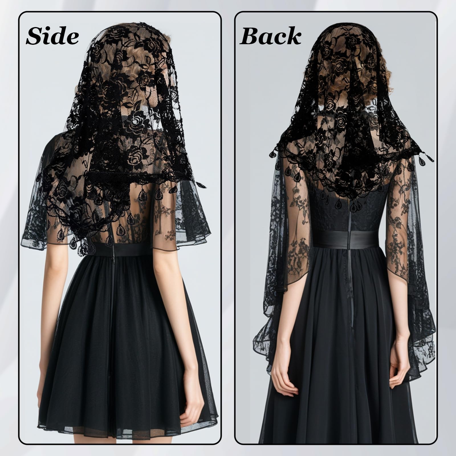 2 Pcs Mass Veil Triangle Mantilla Cathedral Head Covering, Chapel Veil Lace S...