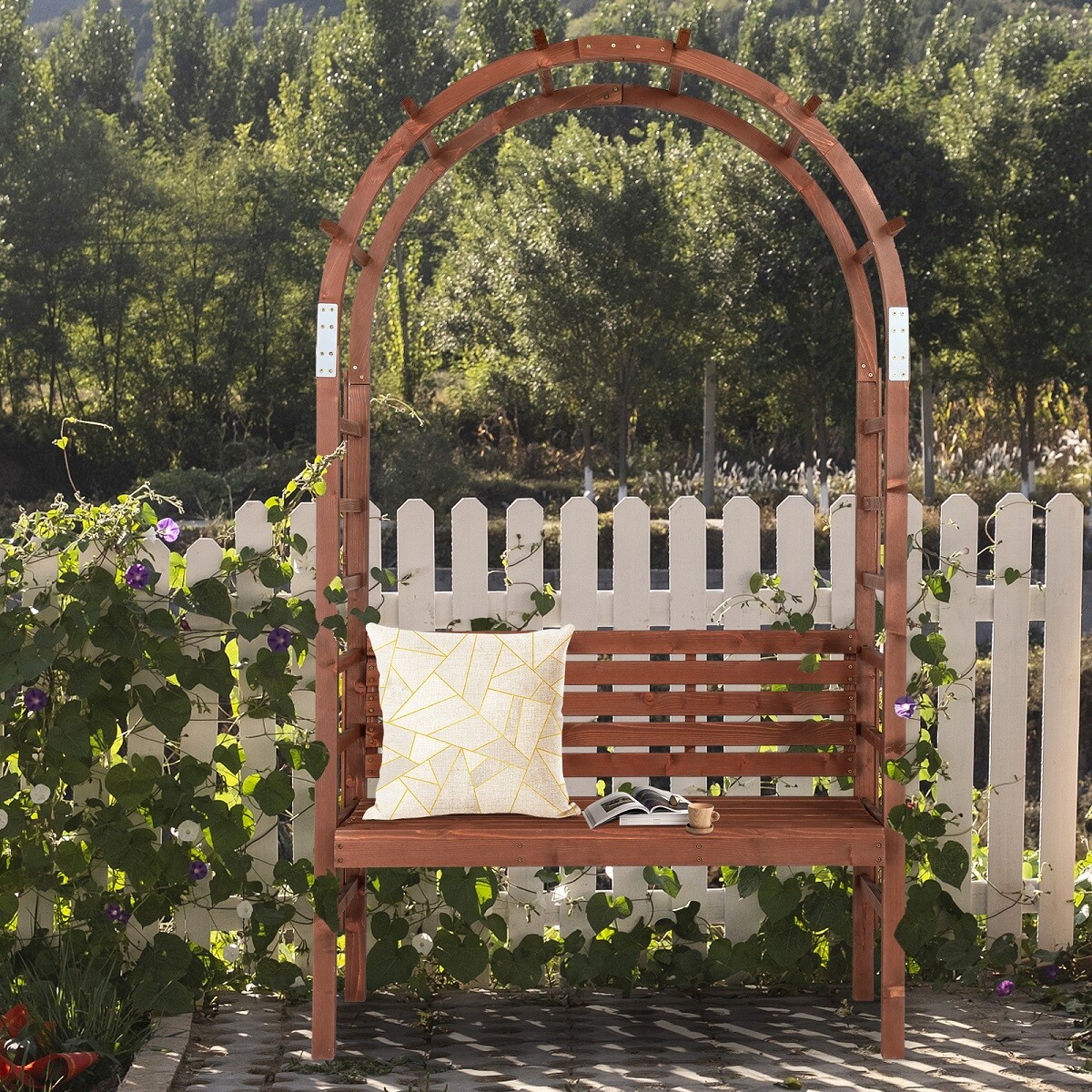 6.8FT Wooden Arch with Bench Garden Arbor Trellis for Climbing Plant Dark Brown
