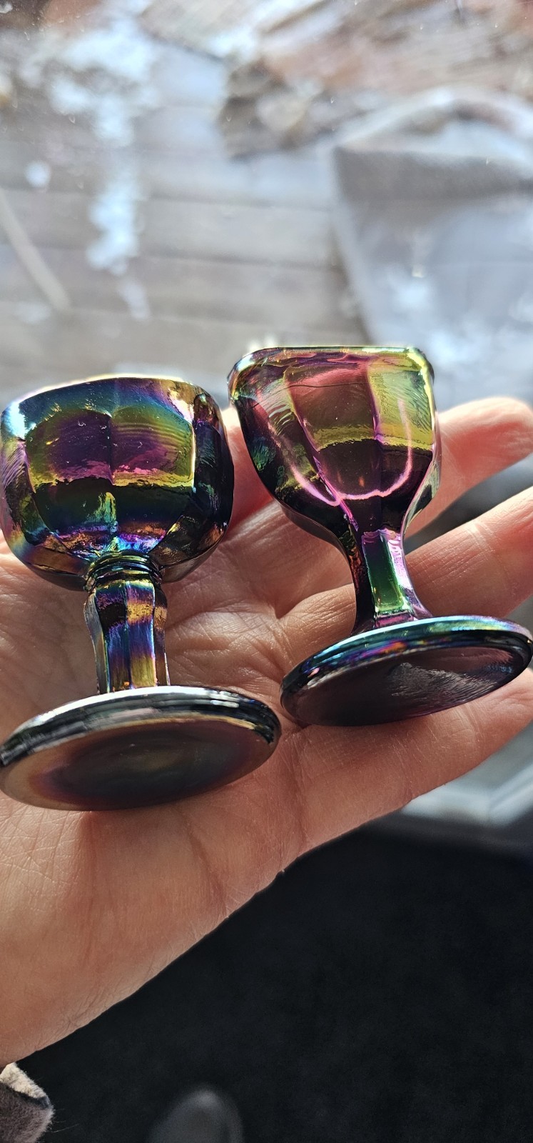 Lot 2 VTG Carnival Glass Eye Wash Cups Iridescent Optical Medical Amethyst