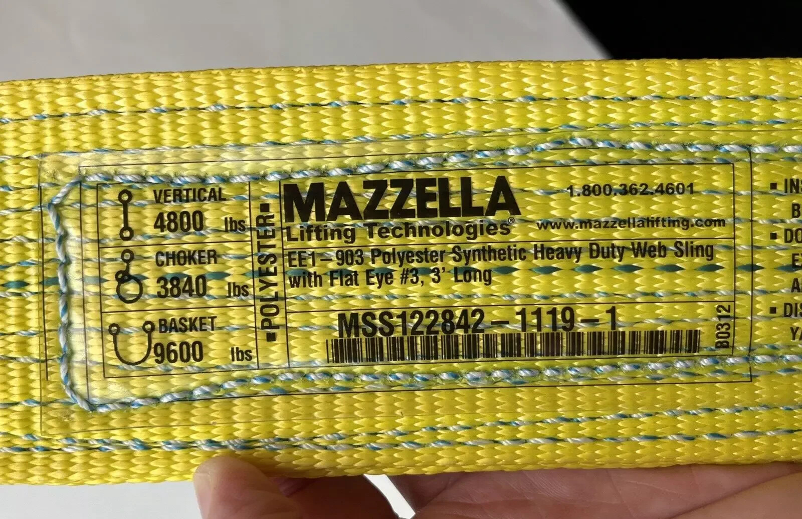 Mazzella EE1-903 x 3’ Polyester Synthetic Web Sling 3" Wide 3’ Long Flat Eye New
