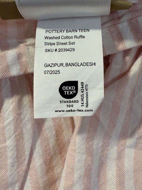 Pottery Barn Teen Washed Cotton Ruffle Stripe Sheet Set, XL Twin, Powdered Blush