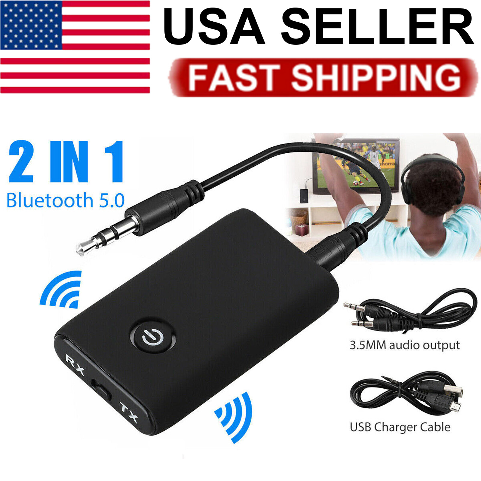 2-in-1 Bluetooth 5.0 Wireless Audio Aux 3.5mm Adapter Transmitter and Receiver