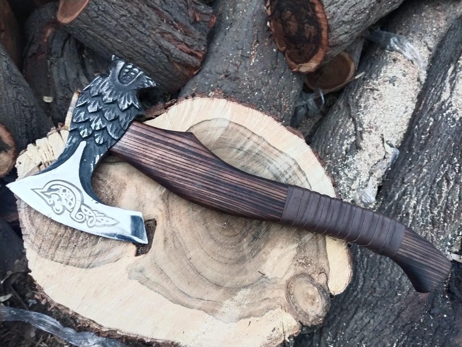 Custom Handmade Wolf Head Carbon Steel 19'' Viking Axe Working Bearded Hatchet