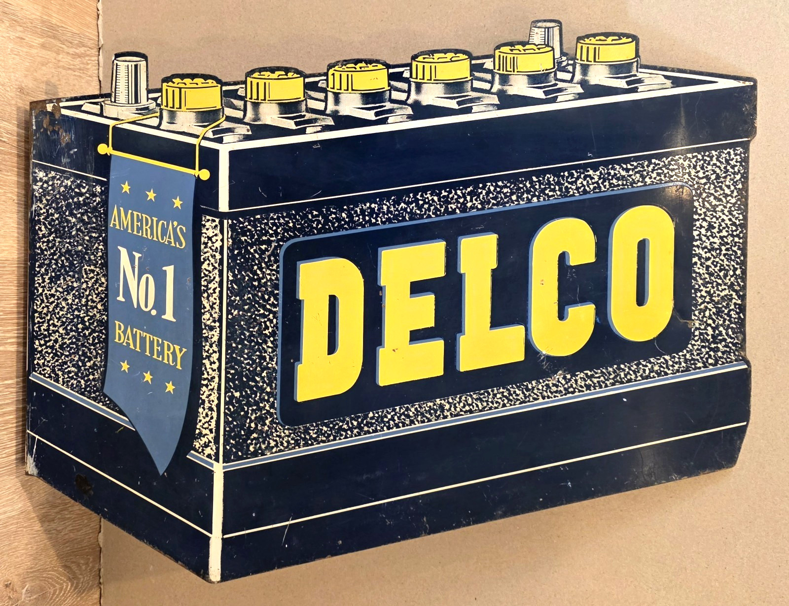 Rare vintage DELCO ** America's No. 1 BATTERY ** FLANGE SIGN - 6 volt gas oil