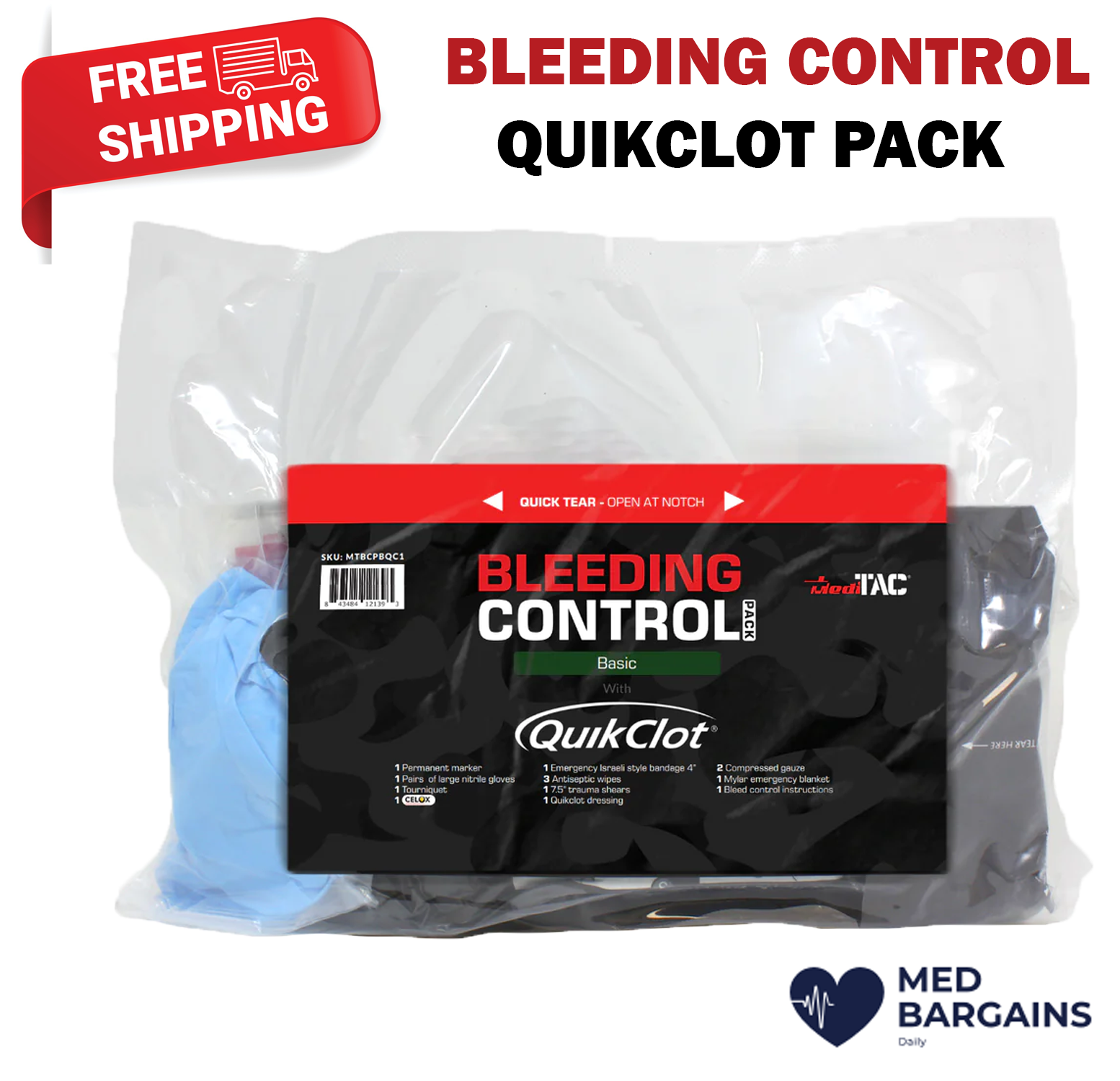 MediTac Bleeding Control Pack First Aid Emergency QuikClot Basic with Celox
