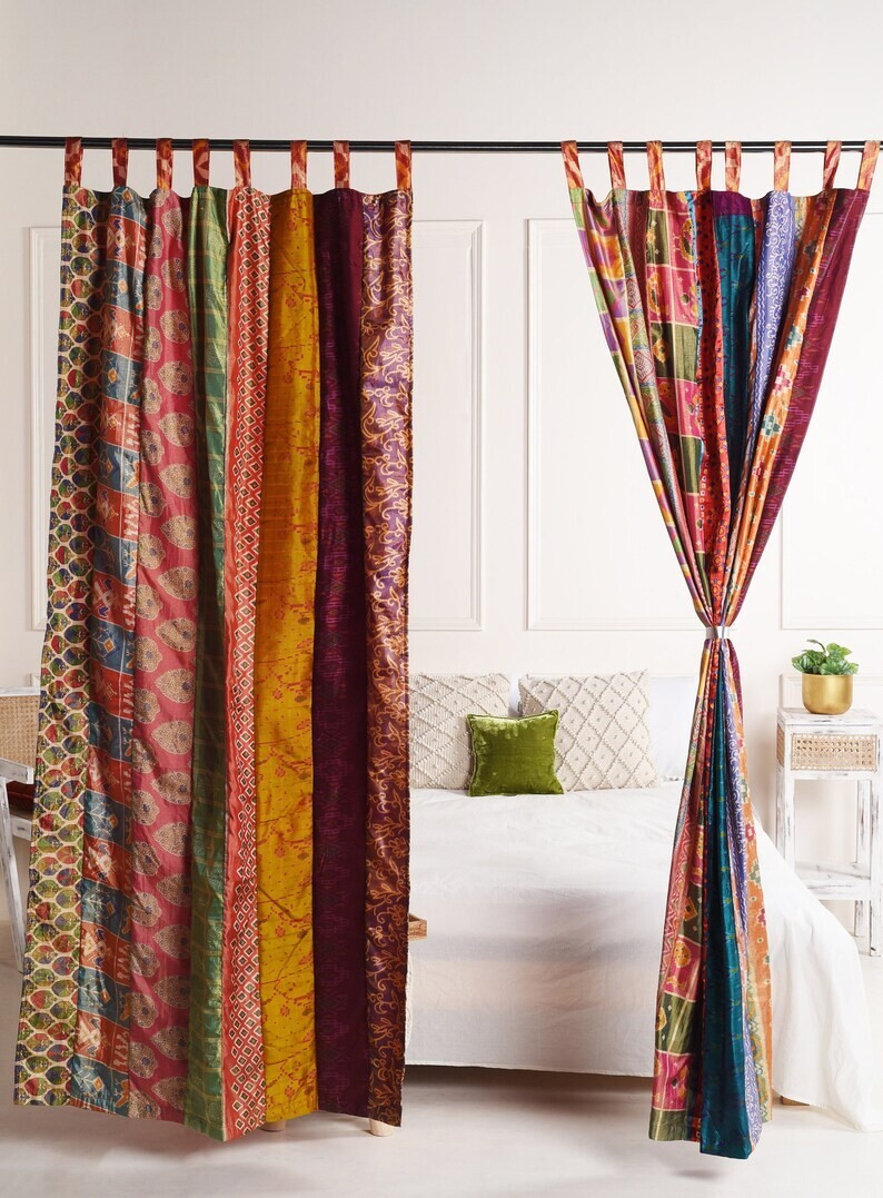 2 Pcs Indian Sari Patchwork Curtain Drape Window Decor Multi Silk Sari Curtain