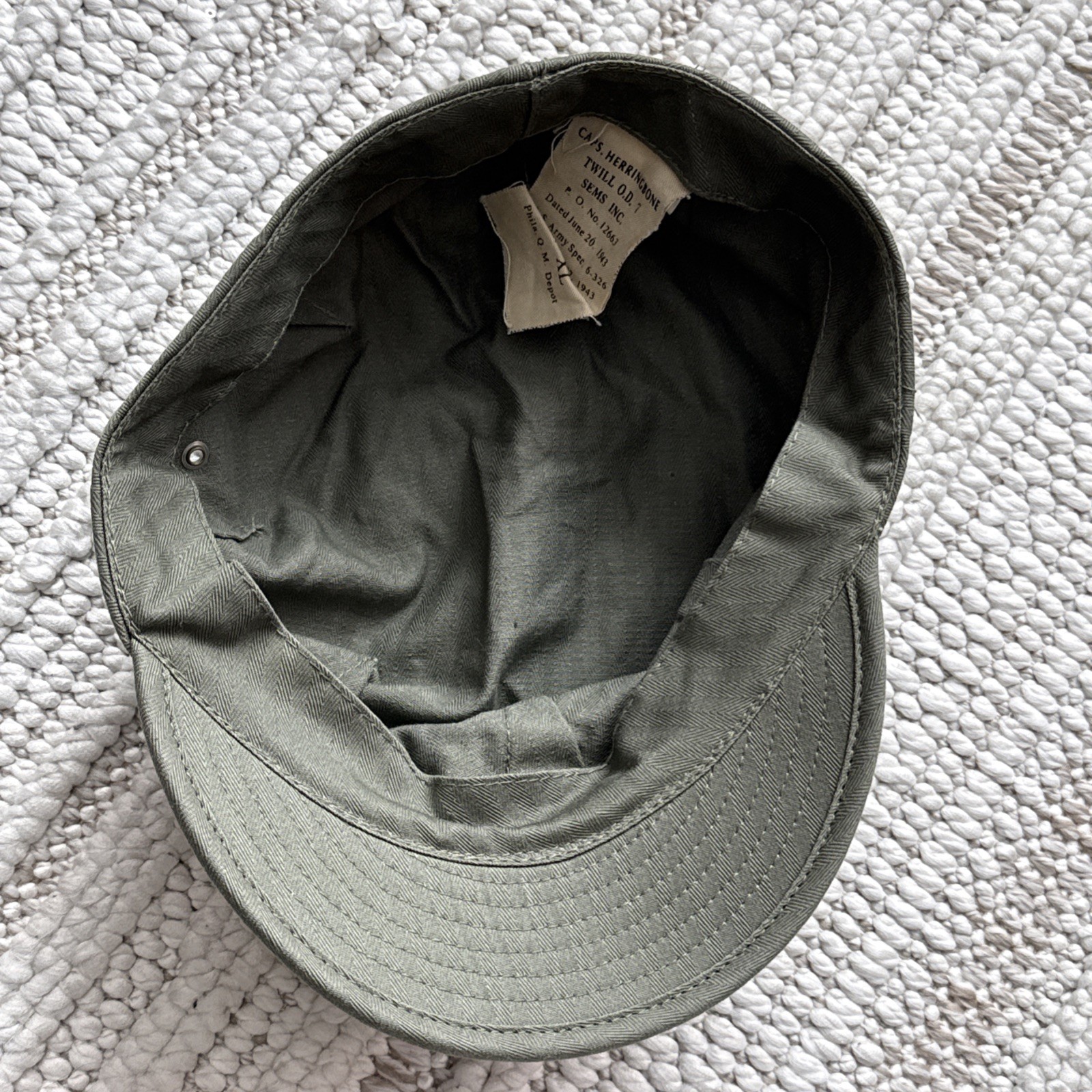 US Army HBT Fatigue Hat Cap WWII, Dated 1943, Herringbone, Size XL VTG