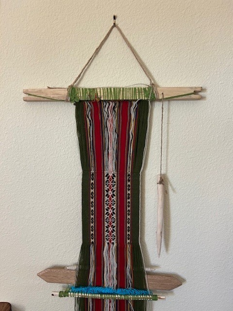 Vintage Peruvian textile, hanging hand loom, hand woven traditional design