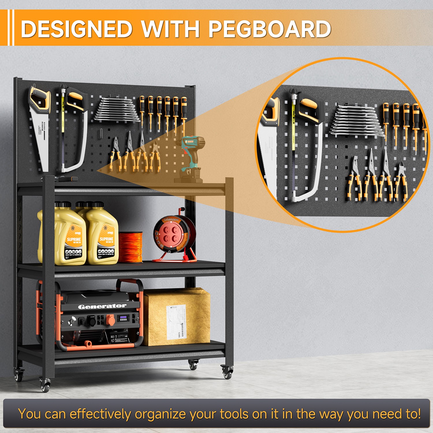 Metal Adjustable Workbench w/ Pegboard Rolling Garage Tool Storage Shelving Rack