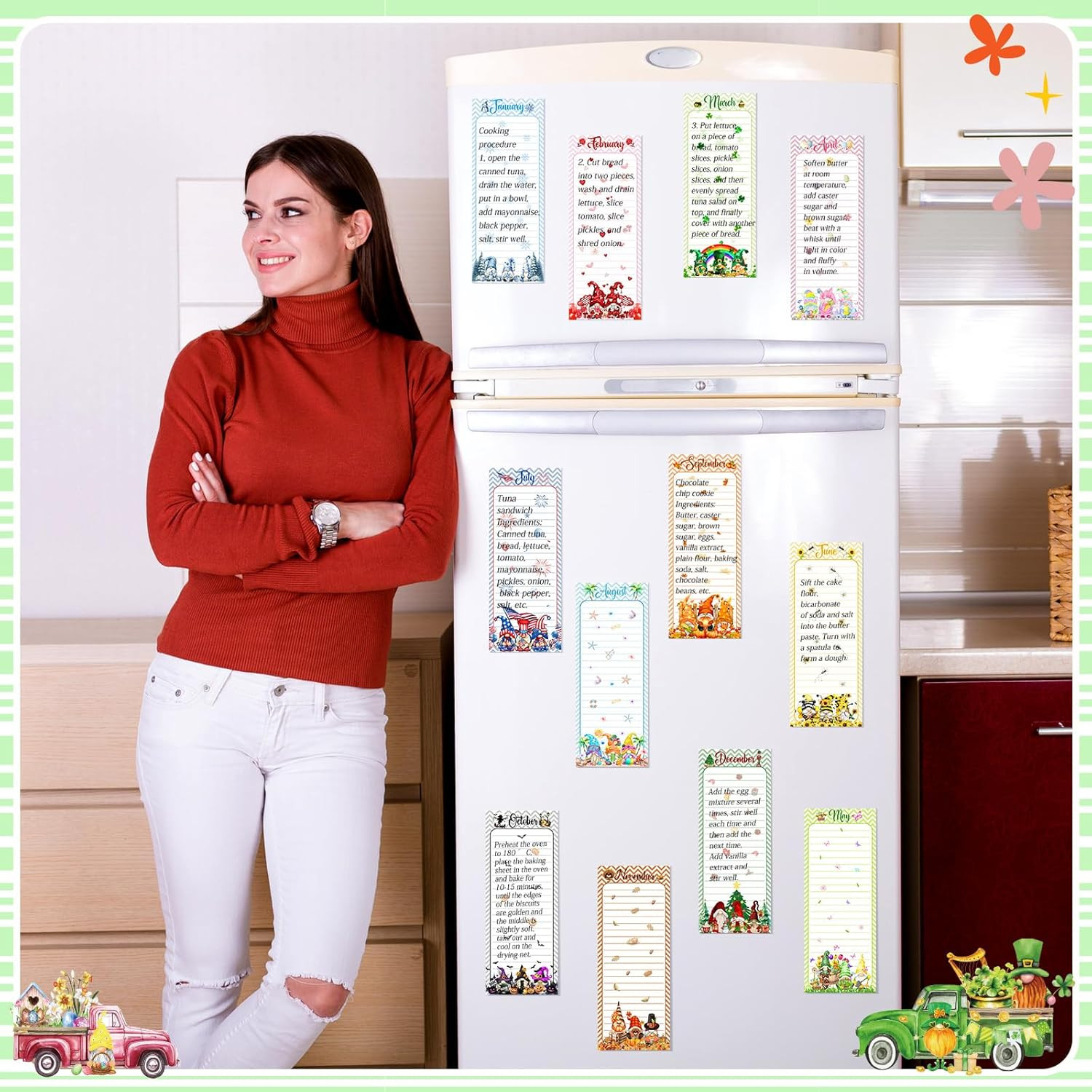 12 Pcs Seasonal Holiday Magnetic Notepads for Refrigerator Gnome Monthly Magneti