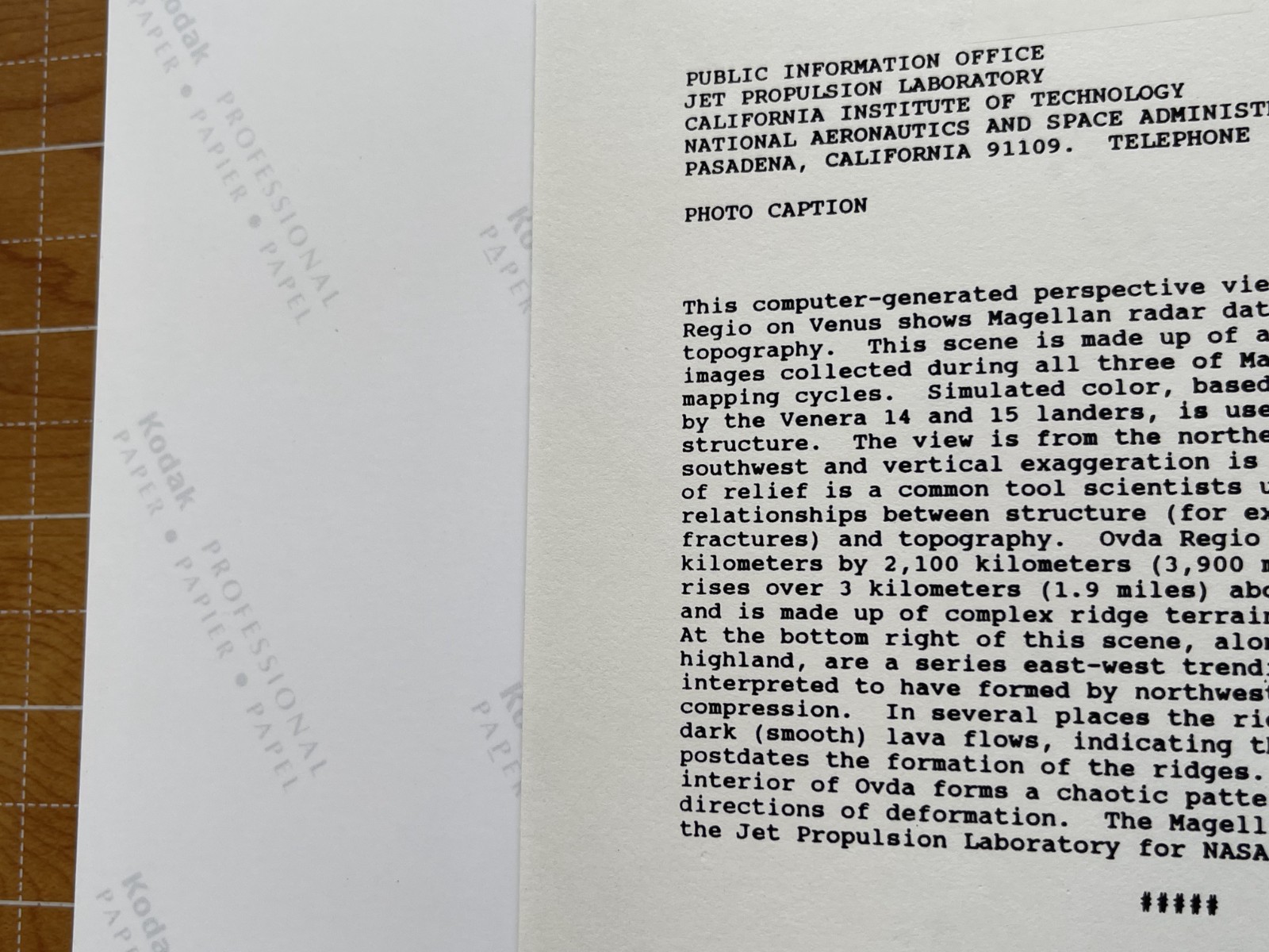 VINTAGE SPACE NASA PHOTO VENUS MAGELLAN JPL KODAK PAPER