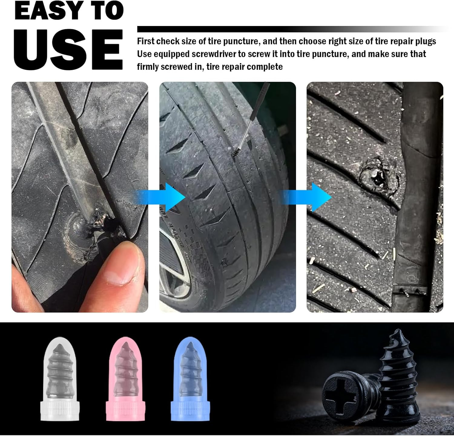 100PCS Tire Plug Kit with Large & Medium & Small,Self-Service Flat Screw in Tire