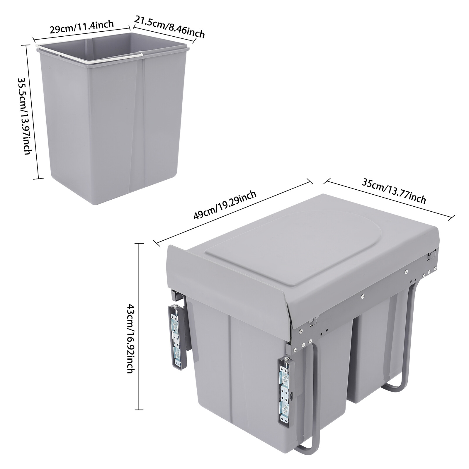 4.4Gal Under Cabinet Dual Pull-Out Trash Can Kitchen 20L Sliding Waste Bin Grey