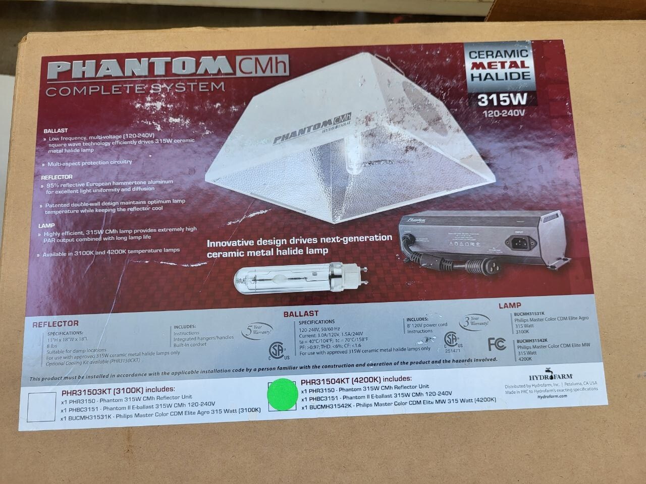 Phantom CMh Reflector/Ballast II Bulb 315w Complete Lighting Grow Kit+3100K Lamp