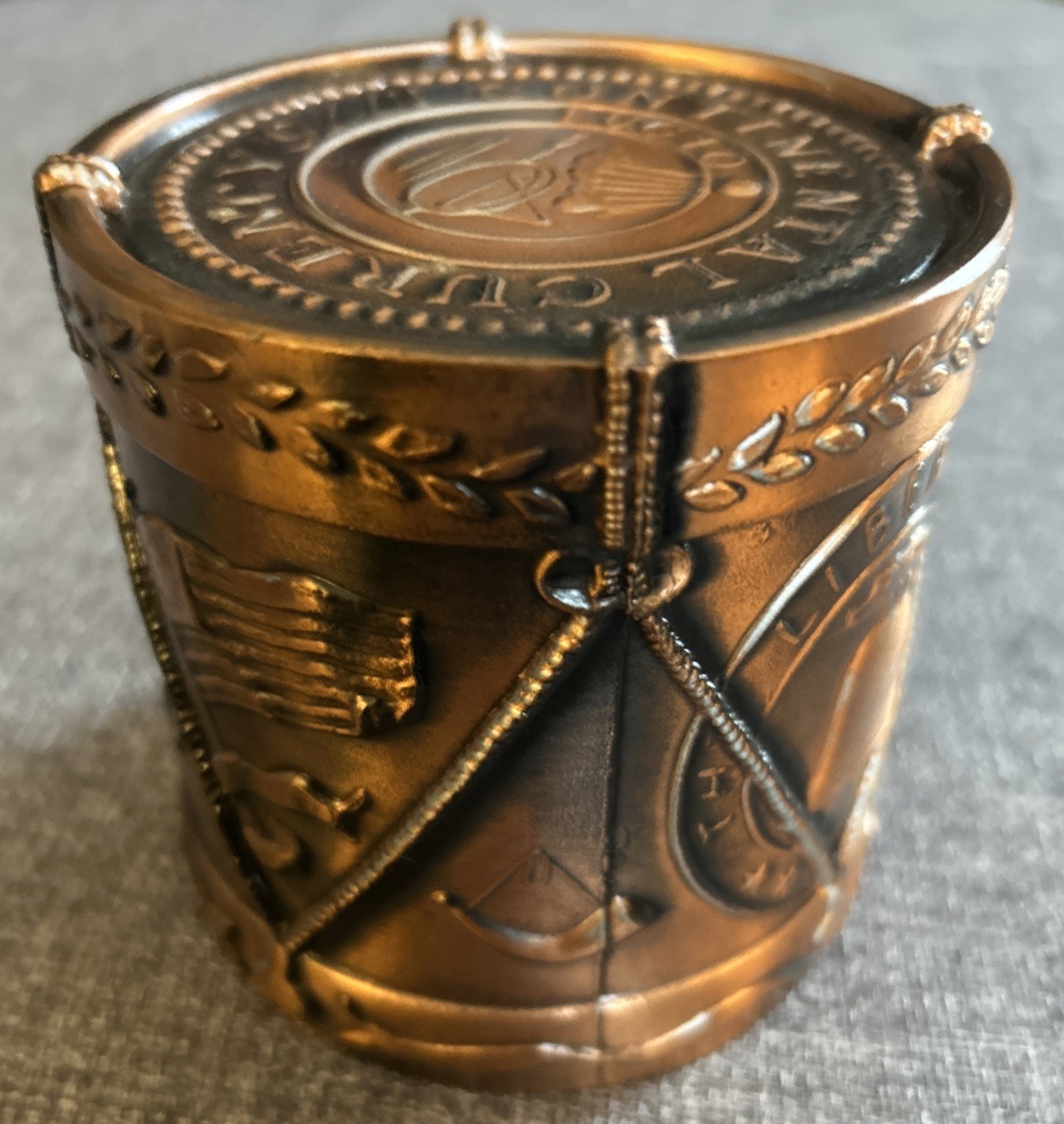 BICENTENNIAL METAL DRUM COIN BANK NATIONAL BANK OTTAWA IL 1976 VINTAGE CURRENCY