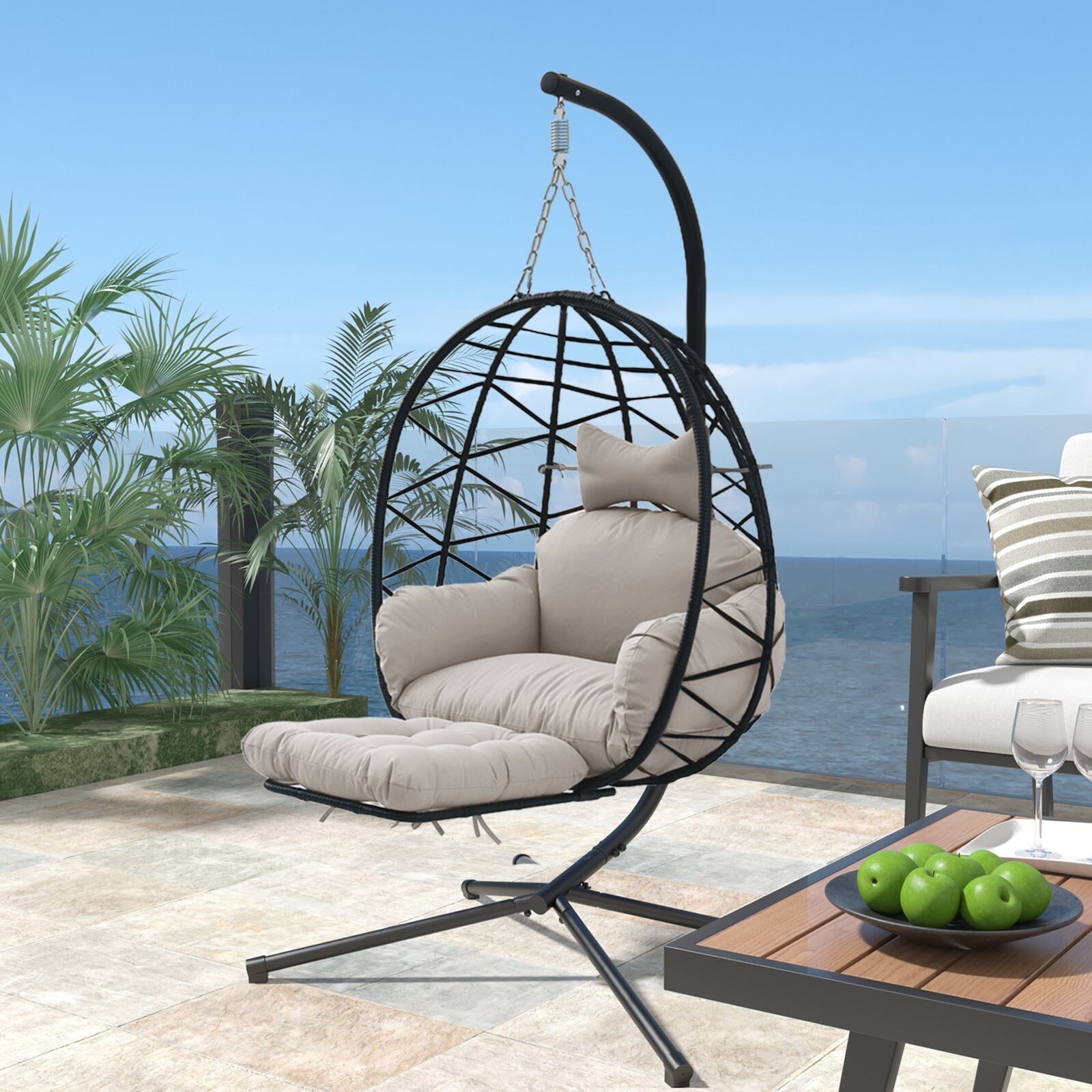 Hanging Egg Chair with Stand Leg Rest Outdoor with Gray Cushion Swinging Chair