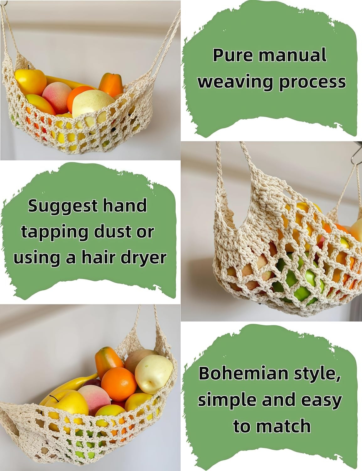 Pavnso 1 Park 16×12.5In Large Macrame Fruit Hammock, Kitchen Décor Storage under