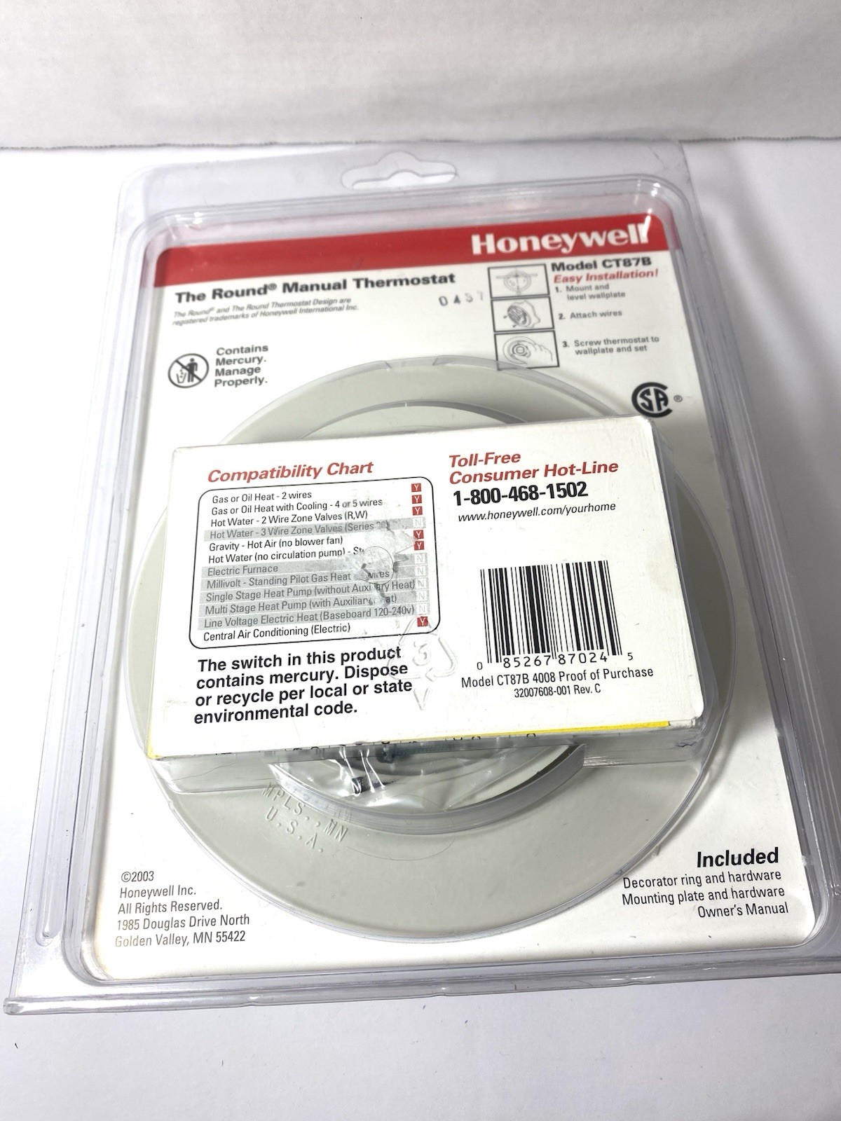 Honeywell The Round Manual Thermostat CT87B 24V Gas Oil Hot Water Heat/Cool