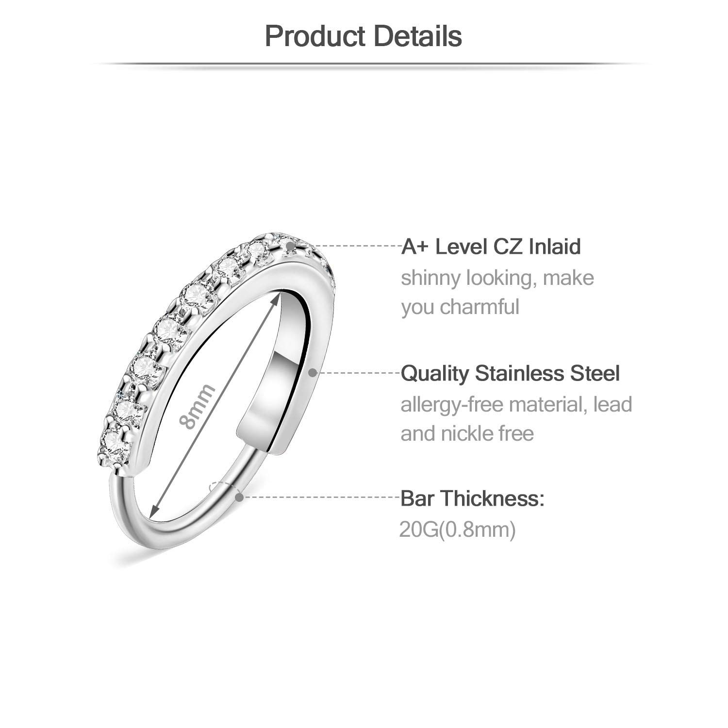 Nose Rings Studs Set Surgical Steel L Shape CZ Silver Aros Nariz Aretes Set