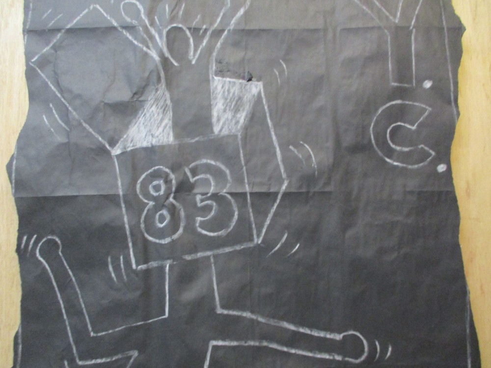 SUBWAY DRAWING chalk on black paper NYC 83 boxhead dog Graffiti - KEITH HARING