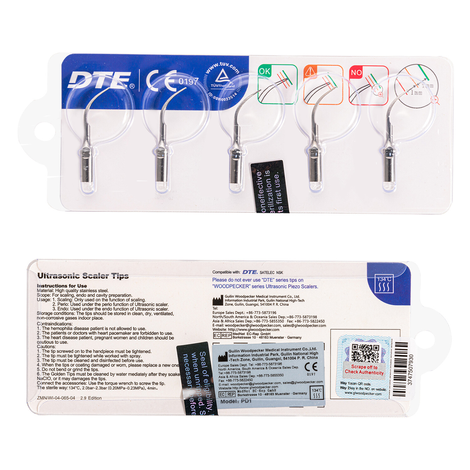 5/Set Woodpecker Dental PD1 Tip Set Fit Ultrasonic Scaler DTE SATELEC Handpiece