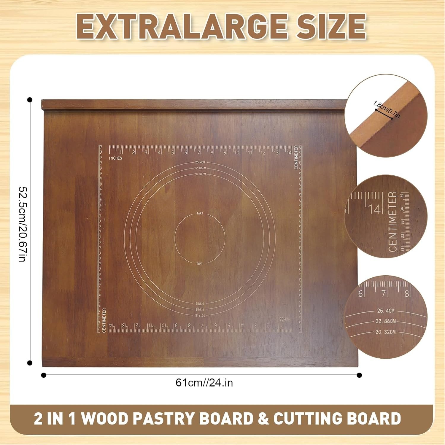24"x20" Reversible Wooden Pastry & Cutting Board with Lip and Ruler