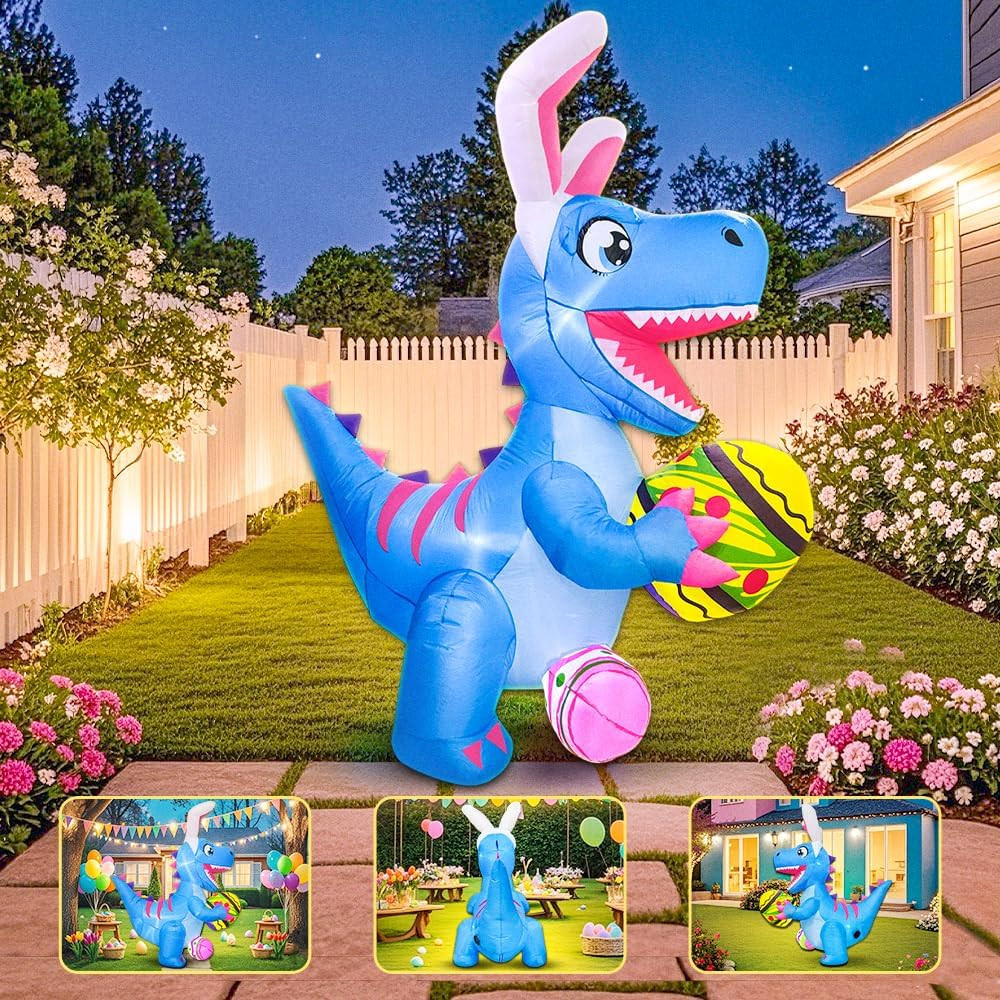6FT Easter Inflatables Outdoor Decoration Inflatable Dinosaur with Egg, Built in