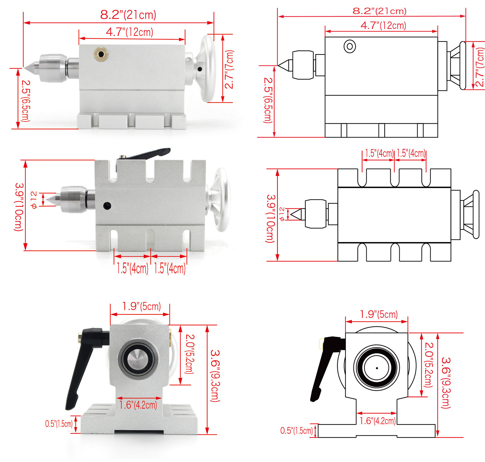 K12-100mm CNC A 4th Axis 4 Jaw Chuck Rotation A-axis (Ratio 6:1) + Tailstock「US」