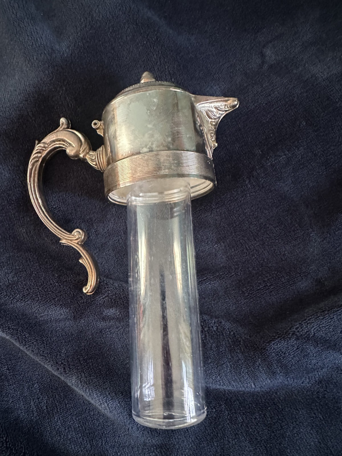 Vintage Crystal Decanter w/ Silverplate Spout & Handle Ice Core Insert