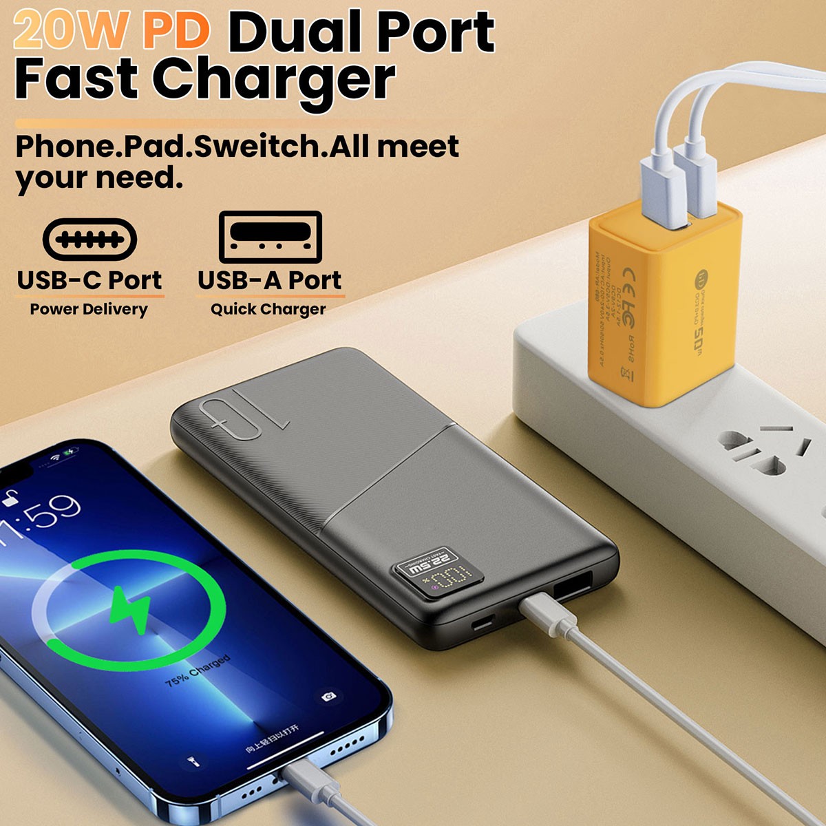 20W Fast Charger Block USB+Type C Wall Power Adapter For iPhone 16e 15 14 13