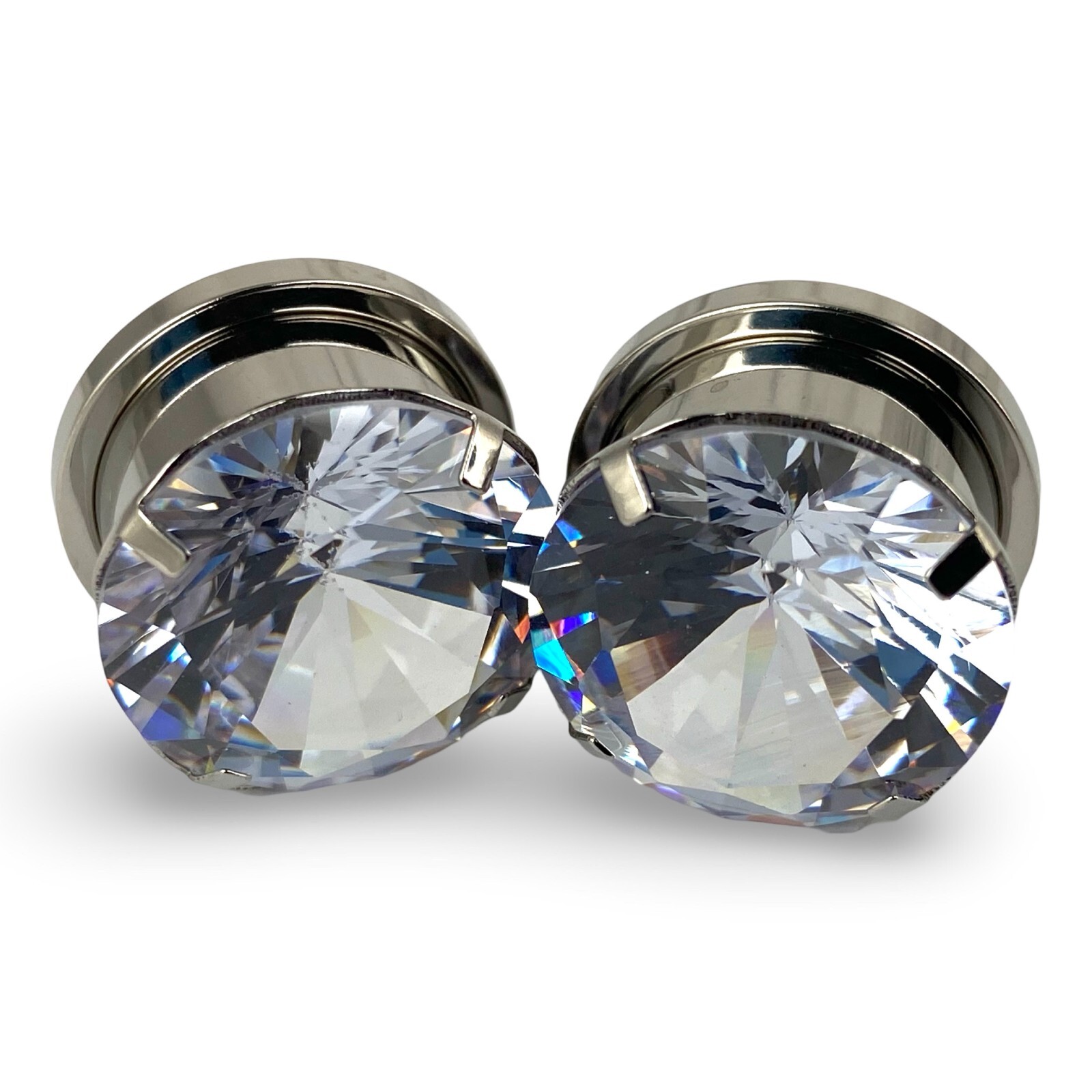 Pair 316L Steel Screw on Plugs with Clear Prong Set CZ Gem (PS-147) gauges