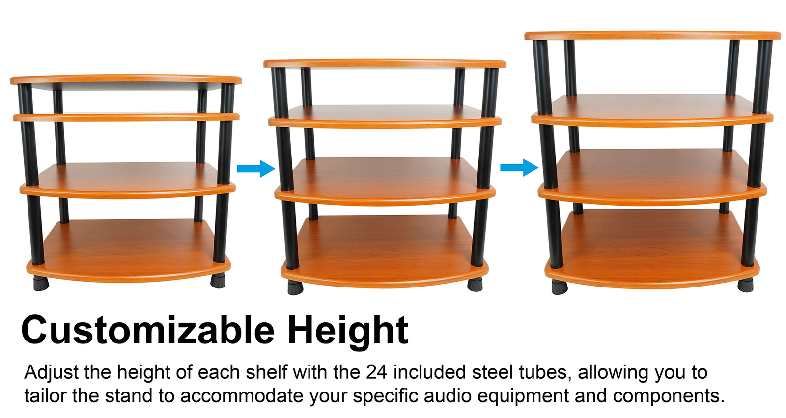 Rockville FLX Classic Wood Adjustable Height 4 Shelf Home Theater A/V Rack Stand
