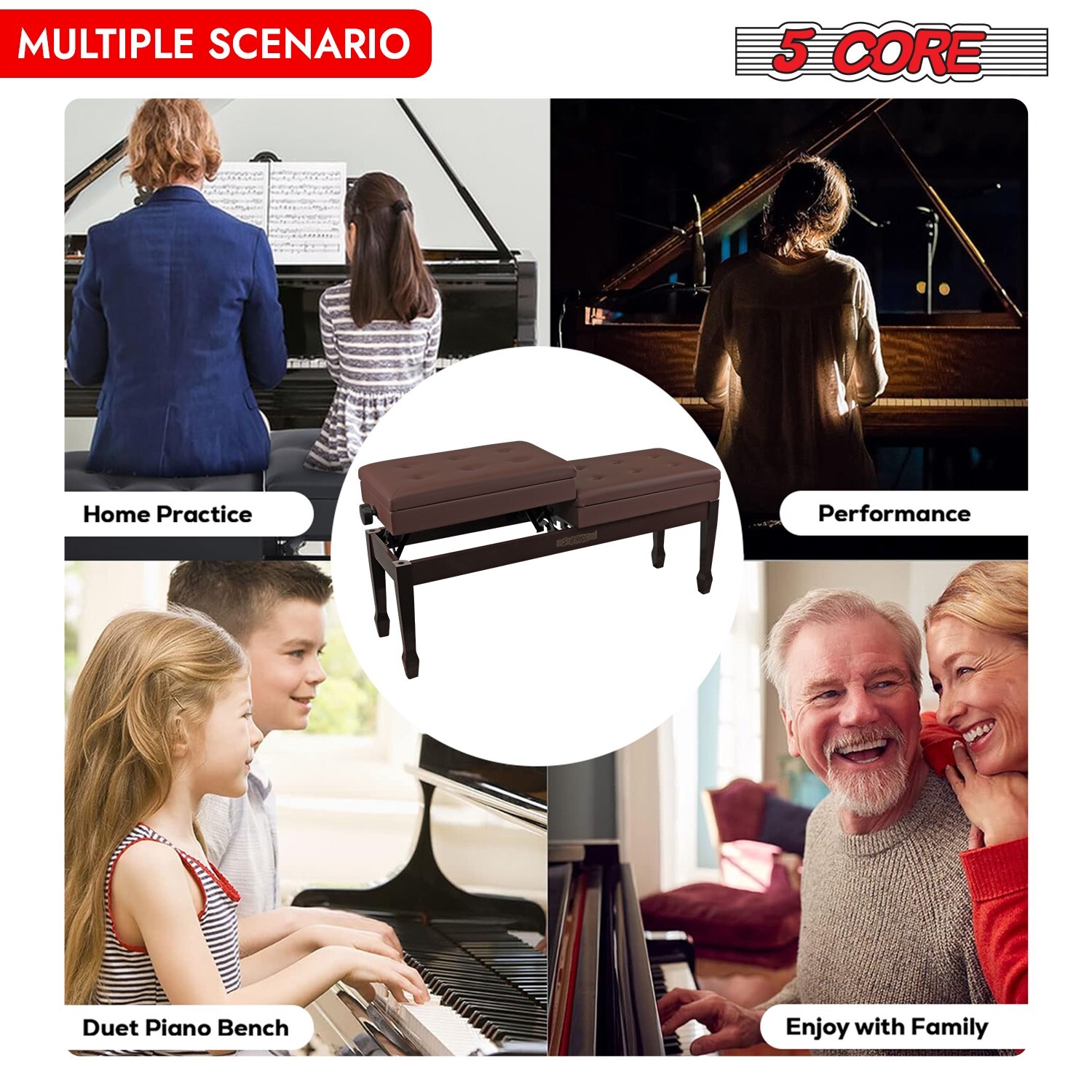 5 Core Duet Piano Bench 3.5 Inch Padded Cushioned Double Seater Wooden Stool