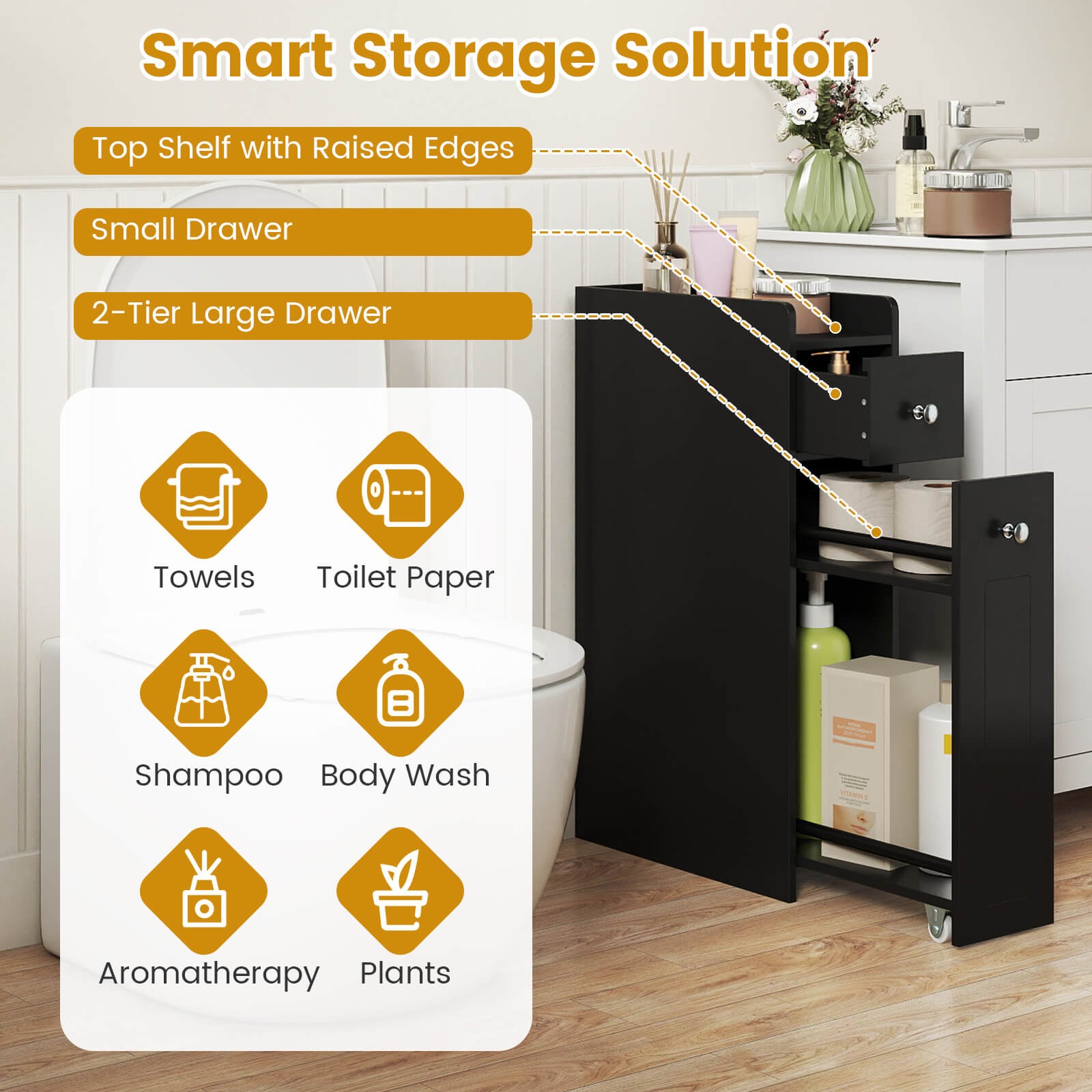 Small Bathroom Storage Cabinet 4-Tier Narrow Toilet Side Storage Cabinet