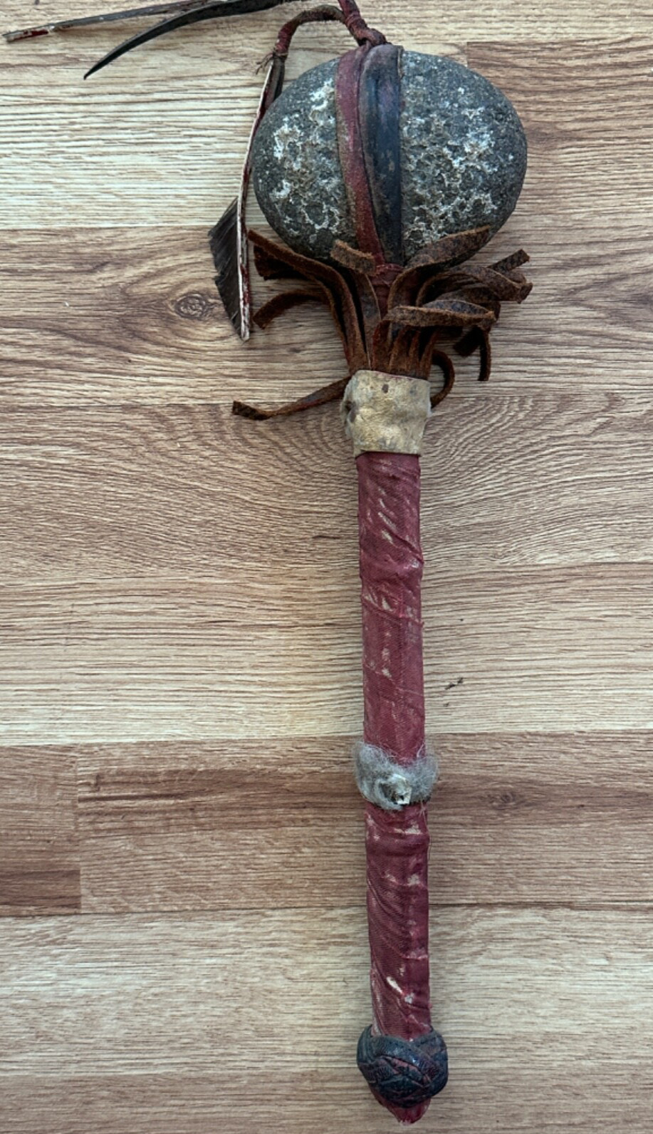 Antique Native American skull cracker weapon tomahawk rawhide painted stone club