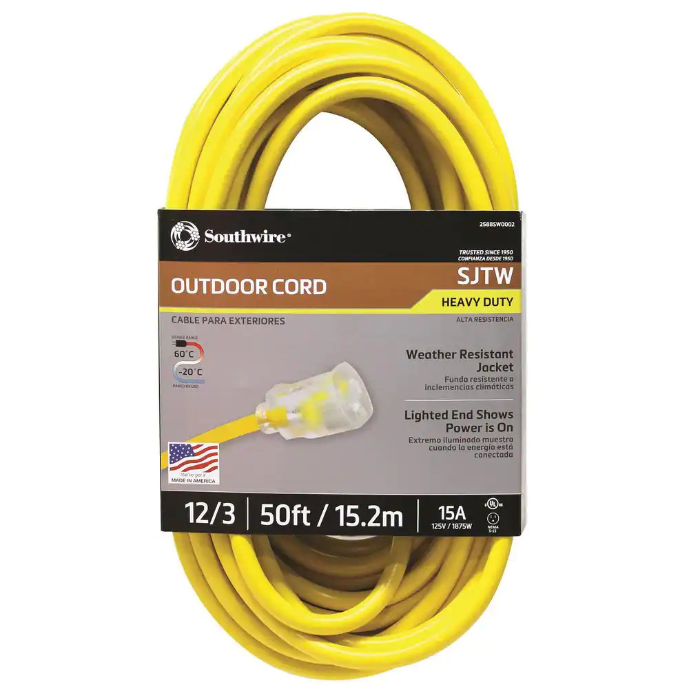 50 Ft. 12/3 SJTW Hi-Visibility Outdoor Heavy-Duty Extension Cord with Power Ligh