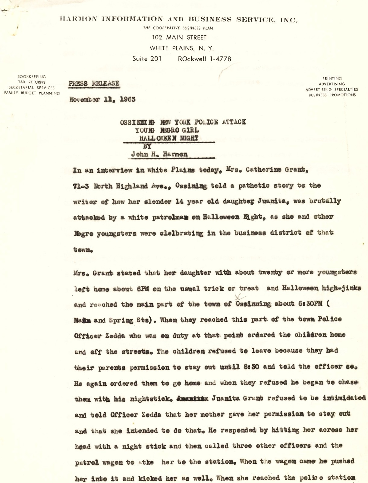 Vintage African American Ephemera~John H. Harmon~1963 Press Release~1991 Program