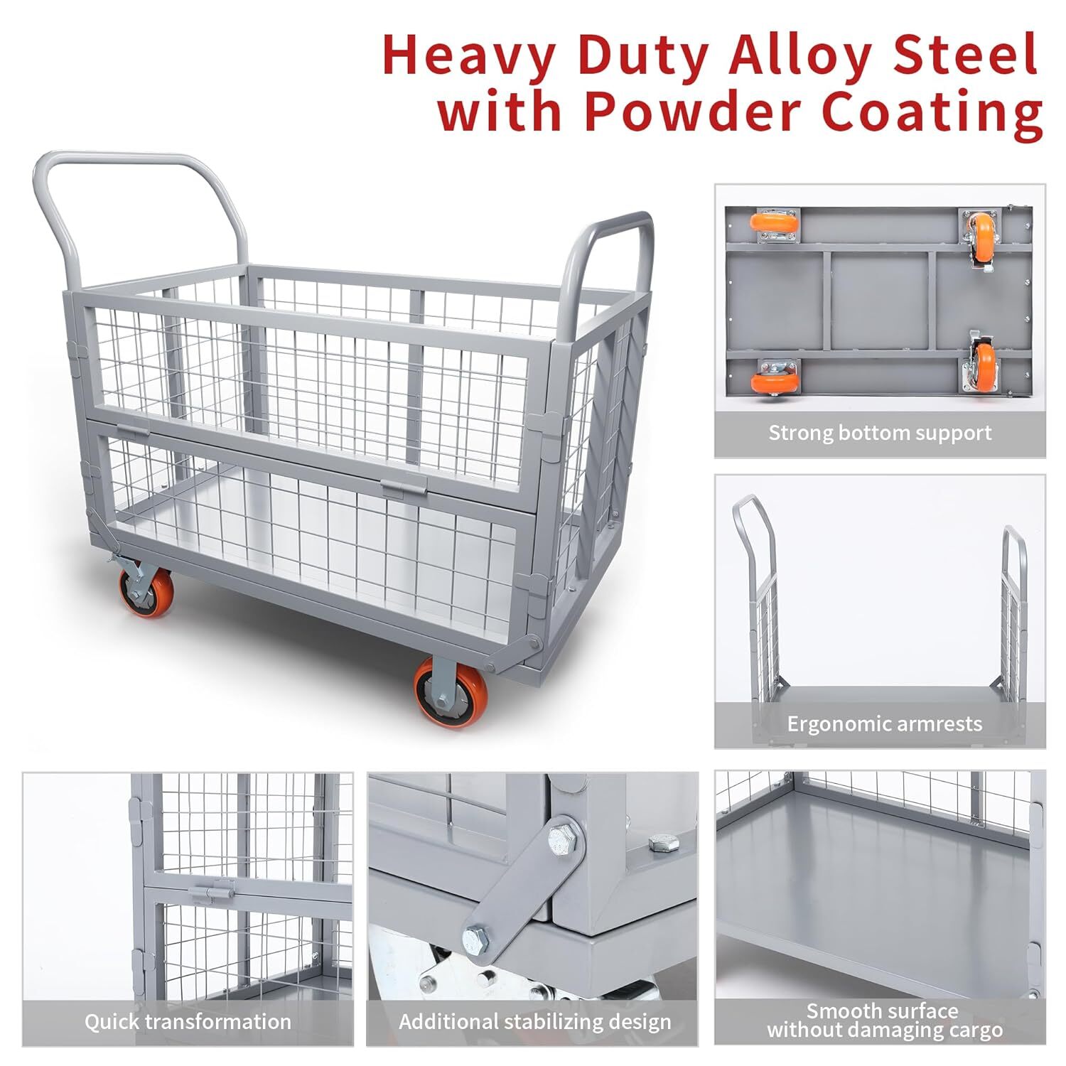 Platform Truck Cart W/Cage Foldable Flatbed Cart for Grocery & Warehouse 2000LBS