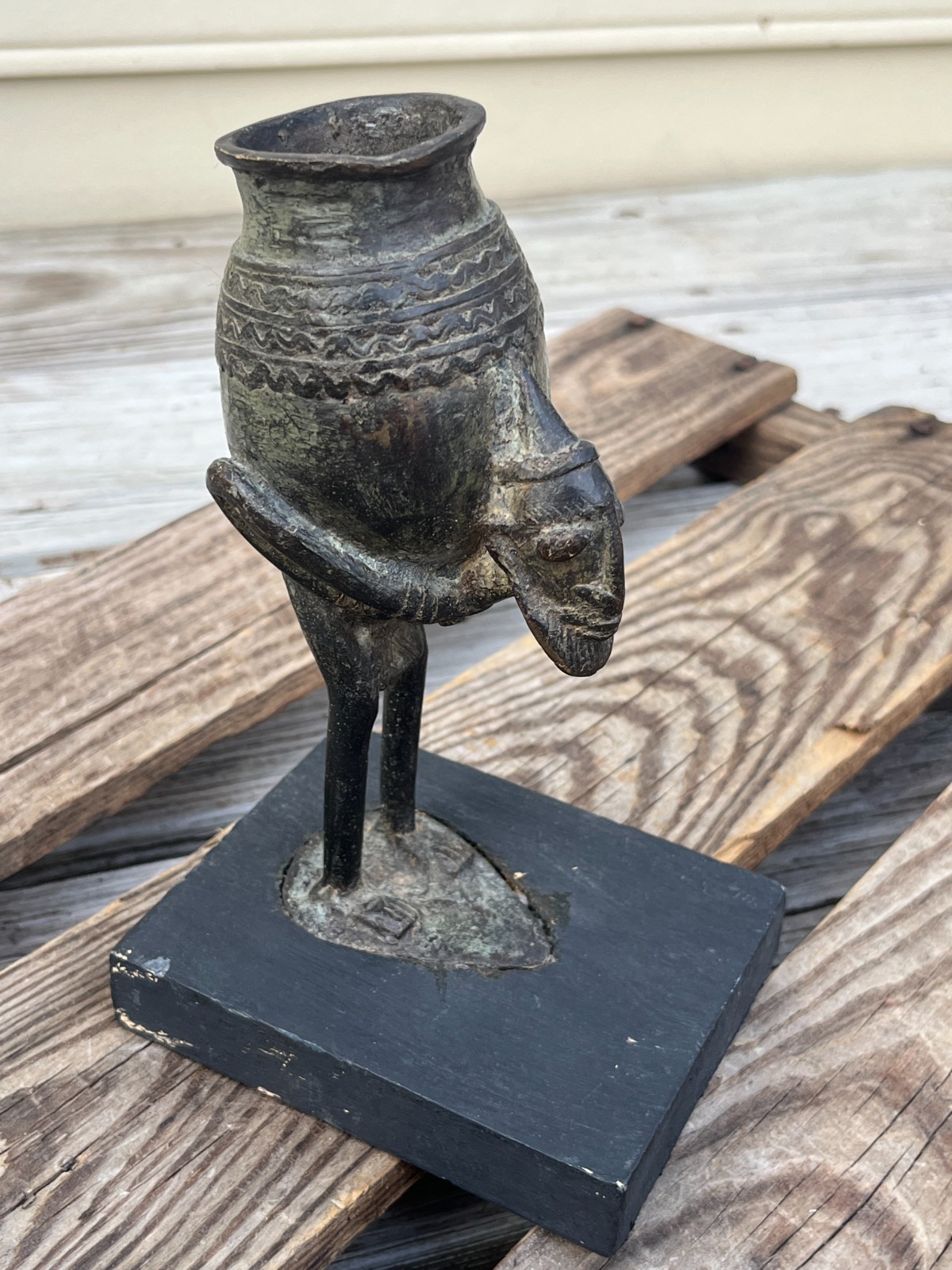 Vintage Mali Bronze Sculpture – Dogon Style Figure Carrying Vessel