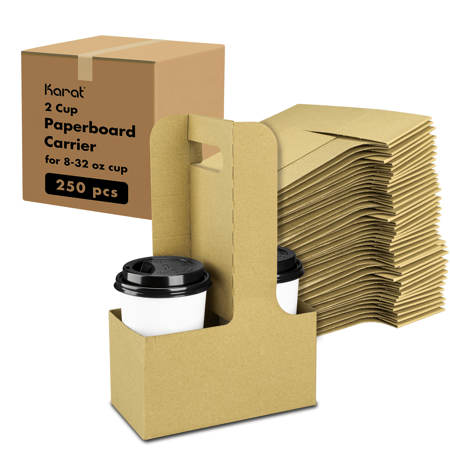 Karat 2 Cup Paperboard Carrier with Handle for 10-32 oz cup, Kraft - 250 pcs